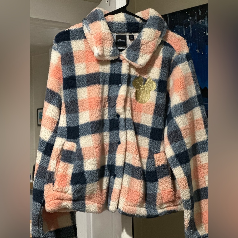 Disney Women Pink Blue Plaid Snap Button Sherpa Fleece Jacket